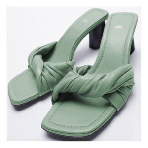 Zara Women's Slip On Sandals Knotted Leather Square Toe Heels in Green Sz 39